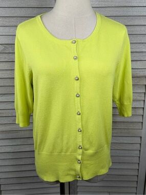 AUDREY & GRACE Women's Chartreuse Half Sleeve Cardigan with Pearl Buttons -PL